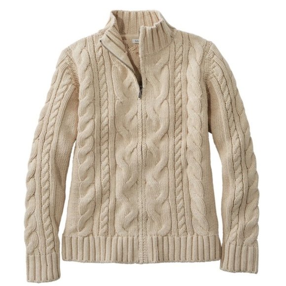 L.L. Bean Sweaters - LL Bean Full Zip Cable Knit Sweater Beige